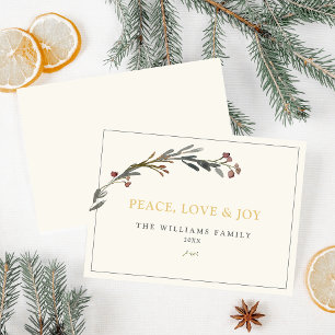 Cartes Pour Fêtes Annuelles Paix Amour et Joie Baies Rouges Verdure
