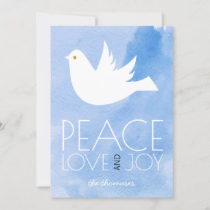 Cartes Pour Fêtes Annuelles Paix, amour, joie bleu aquarelle & colombe Noël