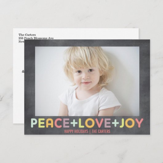 CARTES POUR FÊTES ANNUELLES PAIX AMOUR JOIE TABLEAU À CRAIE VACANCES PHOTO (Devant / Derrière)