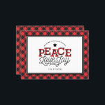 Cartes Pour Fêtes Annuelles PAIX Amour Joy Buffalo Plaid Border<br><div class="desc">Ce design branché présente le texte "Peace Love Joy" accentué de plaid de buffle rouge et noir. Cliquez sur le bouton personnaliser pour plus de flexibilité dans l'ajustement des graphiques, du texte et/ou de la photo ! Des variantes de ce design, des couleurs supplémentaires, ainsi que des produits de coordination...</div>