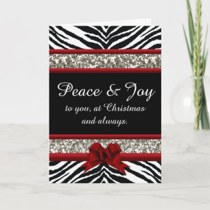 Cartes Pour Fêtes Annuelles Paix et joie Cute Zebra Red Bow Sparkle Noël