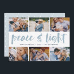 Cartes Pour Fêtes Annuelles Paix et lumière | Hanoukka Photo Collage<br><div class="desc">Partagez six photos préférées avec notre carte de vacances Hanoukka lumineuse et festive. "Paix et Lumière" apparaît dans le centre en typographie de brosse à lettres,  avec votre salutation de vacances,  les noms,  et l'année en dessous.</div>