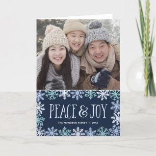 Cartes Pour Fêtes Annuelles Paix & Joie   Photo de flocons de neige bleus lett