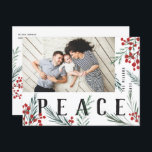 Cartes Pour Fêtes Annuelles Paix photo typographique Botanique<br><div class="desc">Carte postale. Entièrement personnalisable de toutes les manières possibles, cette nouvelle collection de cartes de vacances présente nos baies d'hiver peintes à la main et des oeuvres d'art sur le feuillage. Des salutations modernes audacieuses entrelacées entre les oeuvres d'art font une déclaration typographique fantaisiste qui se démarque. Cette collection comprend...</div>
