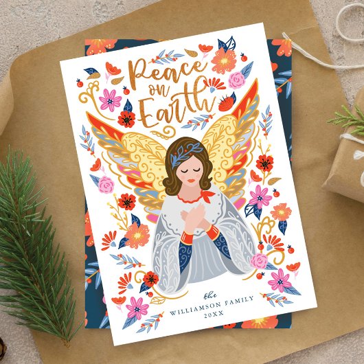 Cartes Pour Fêtes Annuelles Paix sur Terre Angel Floral Folal Art Blanc