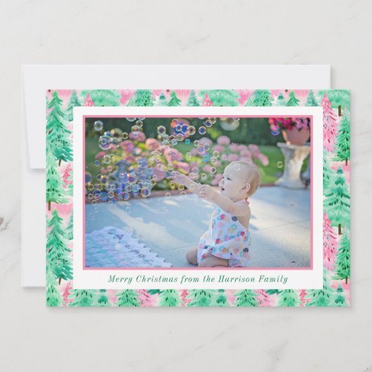 Cartes Pour Fêtes Annuelles Palm Beach Christmas Pink & Green Trees Photo (Devant)