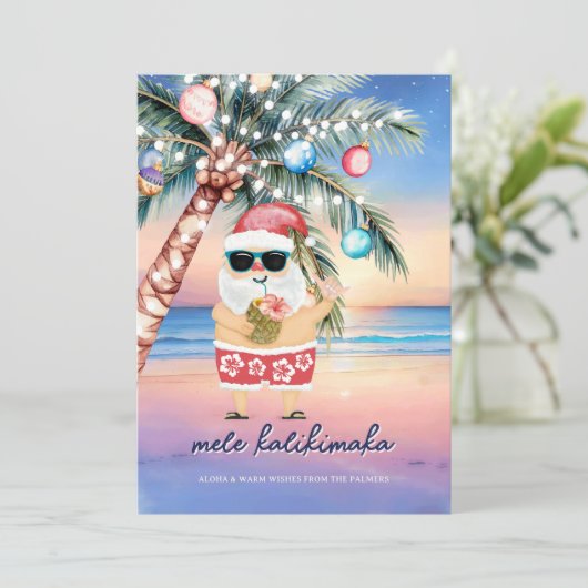 Cartes Pour Fêtes Annuelles Palmier tropical de plage Père Noël Noël (Debout devant)
