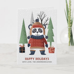 Cartes Pour Fêtes Annuelles Panda d'hiver et arbres photo de Noël pliée