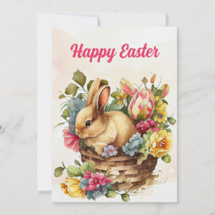 Cartes Pour Fêtes Annuelles Panier de fleurs roses de lapin vintage Joyeuses P