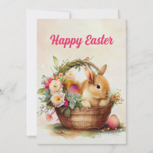 Cartes Pour Fêtes Annuelles Panier de fleurs roses de lapin vintage Joyeuses P