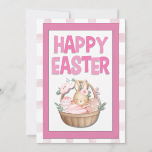 Cartes Pour Fêtes Annuelles Panier de lapin de Pâques & carreaux roses