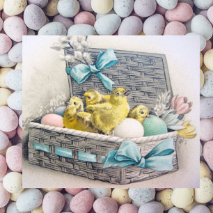 Cartes Pour Fêtes Annuelles Panier de Pâques avec poussins, oeufs et fleurs