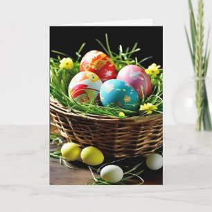 Cartes Pour Fêtes Annuelles Panier de Pâques Oeufs colorés et fleurs