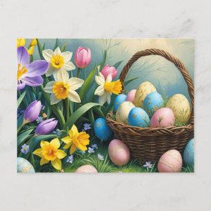 Cartes Pour Fêtes Annuelles Panier d'oeufs de Pâques et fleurs de printemps
