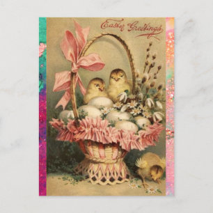 CARTES POUR FÊTES ANNUELLES PANIER ÉLÉGANT, POULET, FLEURS ET OEUFS DE PÂQUES