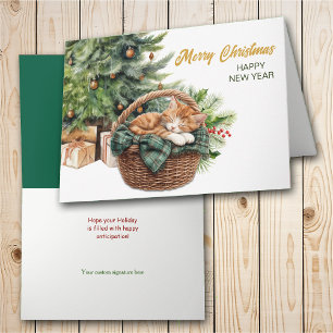 Cartes Pour Fêtes Annuelles Panier en osier avec chaton tabby roux pour Noël
