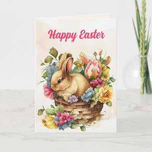 Cartes Pour Fêtes Annuelles Panier vintage Bunny rose Fleurs Jaunes Pâques