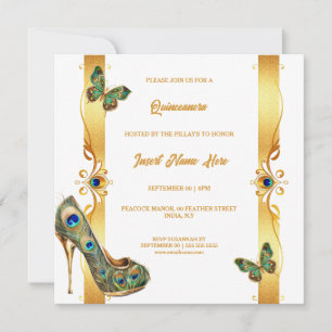 Cartes Pour Fêtes Annuelles Paon Quinceañera or et blanc glamour plumes