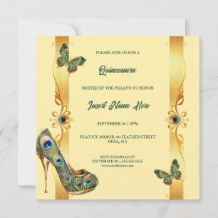 Cartes Pour Fêtes Annuelles Paon Quinceañera or vert doré glamour plumes
