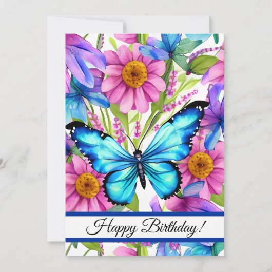 Cartes Pour Fêtes Annuelles Papillon bleu dans un champ de fleurs (Devant)