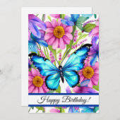 Cartes Pour Fêtes Annuelles Papillon bleu dans un champ de fleurs (Devant / Derrière)