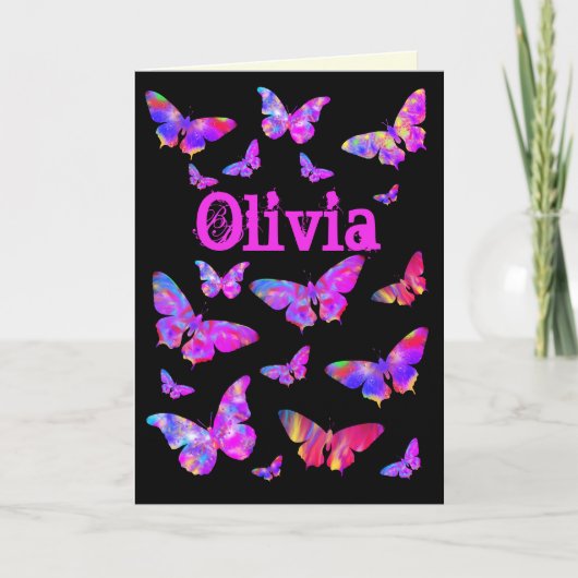 Cartes Pour Fêtes Annuelles Papillon rose psychédélique Pop Art Olivia Nom (Devant)