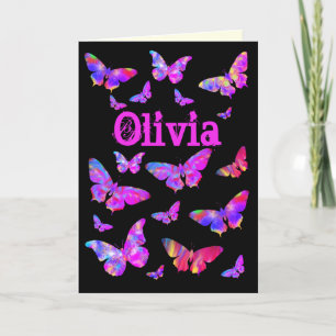 Cartes Pour Fêtes Annuelles Papillon rose psychédélique Pop Art Olivia Nom