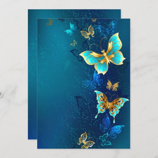 Cartes Pour Fêtes Annuelles Papillons d'or sur un Arrière - plan bleu (Devant / Derrière)