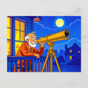 Cartes Pour Fêtes Annuelles Papy observe les étoiles avec un télescope