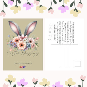 Cartes Pour Fêtes Annuelles Pâques Beige Floral Lapin Lapin Oreilles Nom de fa