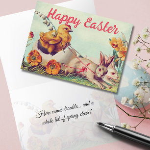 Cartes Pour Fêtes Annuelles Pâques en calèche avec une poule et un lapin vinta