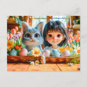 Cartes Pour Fêtes Annuelles Pâques matin avec tulipes et chat