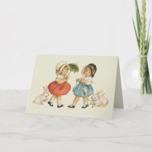 Cartes Pour Fêtes Annuelles Pâques vintage Enfants Lapins Bonnets Antique