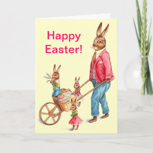 Cartes Pour Fêtes Annuelles Pâques vintage famille d'oeufs de lapin panier à l