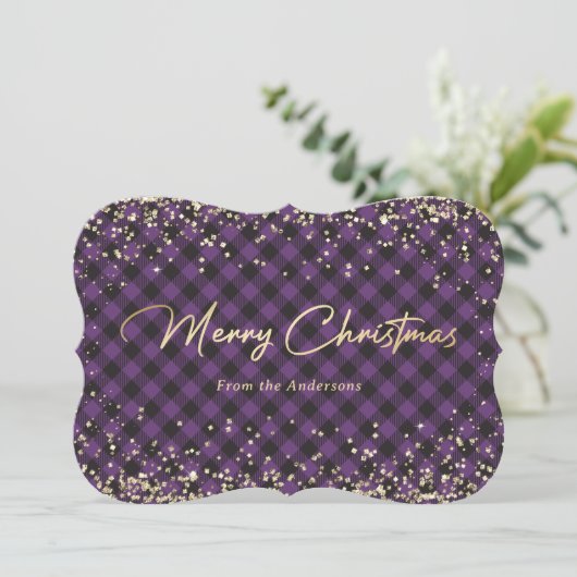 Cartes Pour Fêtes Annuelles Parties scintillant d'or Buffalo violet Plaid Cart (Debout devant)