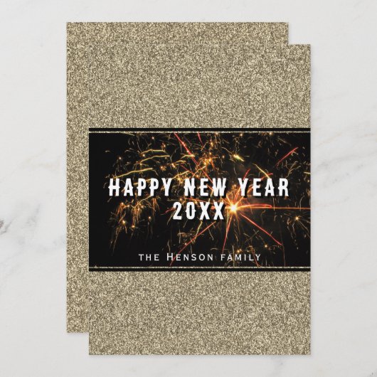 Cartes Pour Fêtes Annuelles Parties scintillant d'or feux d'artifice Bonne ann (Devant / Derrière)