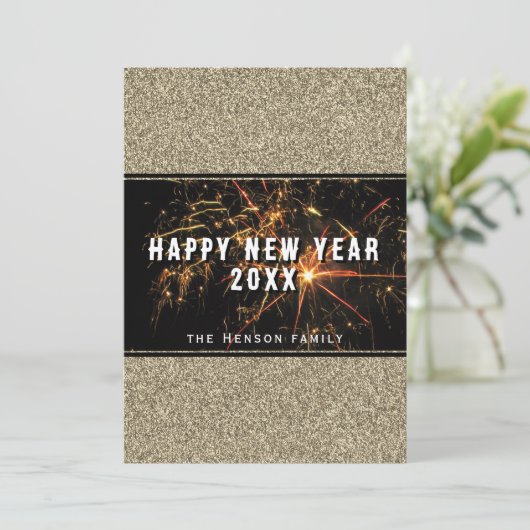Cartes Pour Fêtes Annuelles Parties scintillant d'or feux d'artifice Bonne ann (Debout devant)
