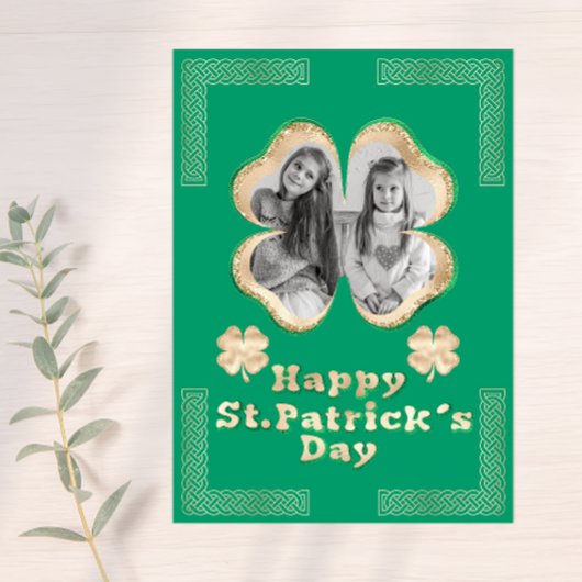 Cartes Pour Fêtes Annuelles Parties scintillant verte et or Clover Photo Célti