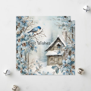 Cartes Pour Fêtes Annuelles Pastel Fleurs Bleues Oiseau Vieux Noël Maison