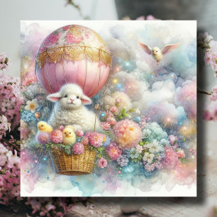 Cartes Pour Fêtes Annuelles Pastel Hot Air Balloon Lamb de Pâques Poussins