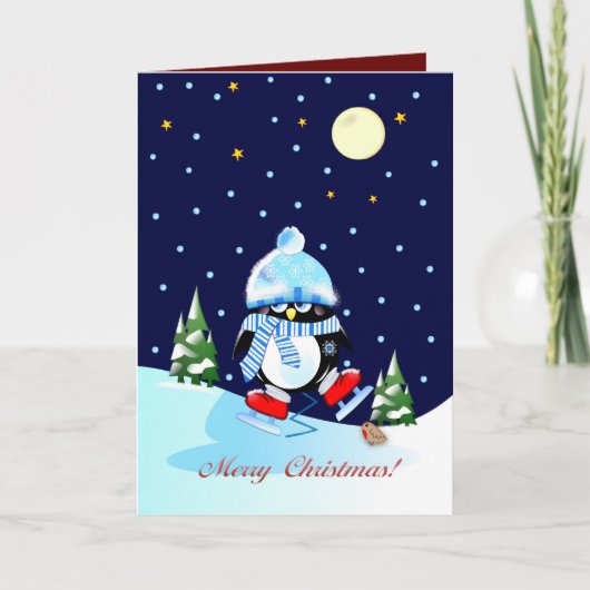 Cartes Pour Fêtes Annuelles Patinage pingouin avec texte de Noël personnalisé (Devant)