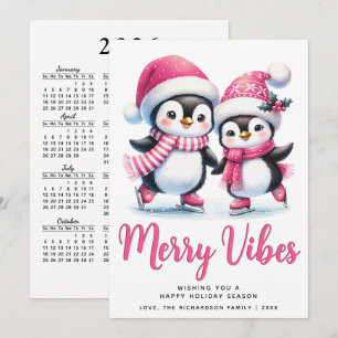 Cartes Pour Fêtes Annuelles Patinage sur glace Pingouins roses Joyeux Vibes No