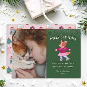 Cartes Pour Fêtes Annuelles Patineuse festive Corgi sur fond vert de Noël
