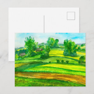 Cartes Pour Fêtes Annuelles Paysage à l'aquarelle des collines de colza