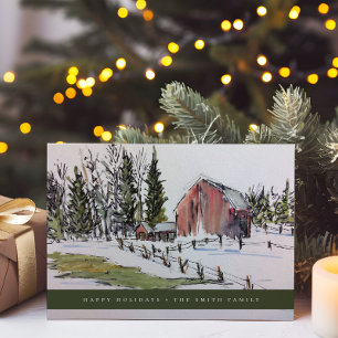 Cartes Pour Fêtes Annuelles Paysage aquarelle personnalisé de grange rouge d'h