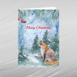 Cartes Pour Fêtes Annuelles Paysage au renard bleu de Noël à l'aquarelle