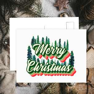 Cartes Pour Fêtes Annuelles Paysage d'arbres de pin groovy Photo rétro de Noël