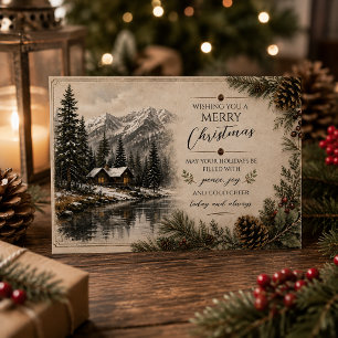 Cartes Pour Fêtes Annuelles Paysage de cabane de montagne rustique Noël
