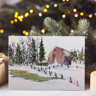 Cartes Pour Fêtes Annuelles Paysage de la grange rouge d'hiver