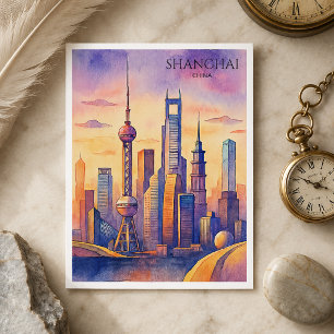 Cartes Pour Fêtes Annuelles Paysage de Shanghai Chine Voyage Aquarelle 